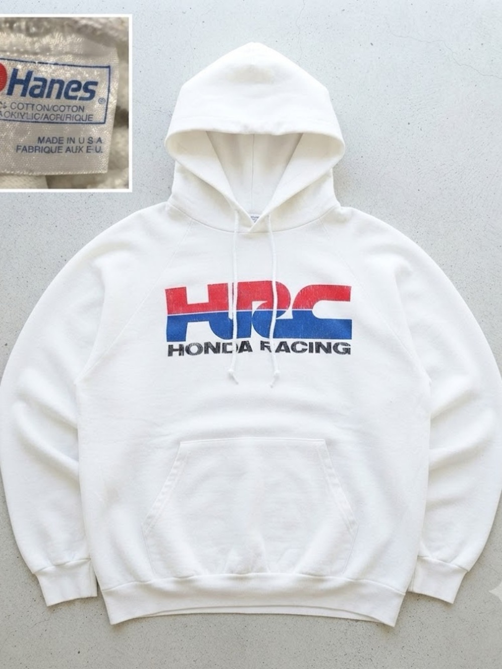 Hanes White Hoodie with Red and Blue Logo
